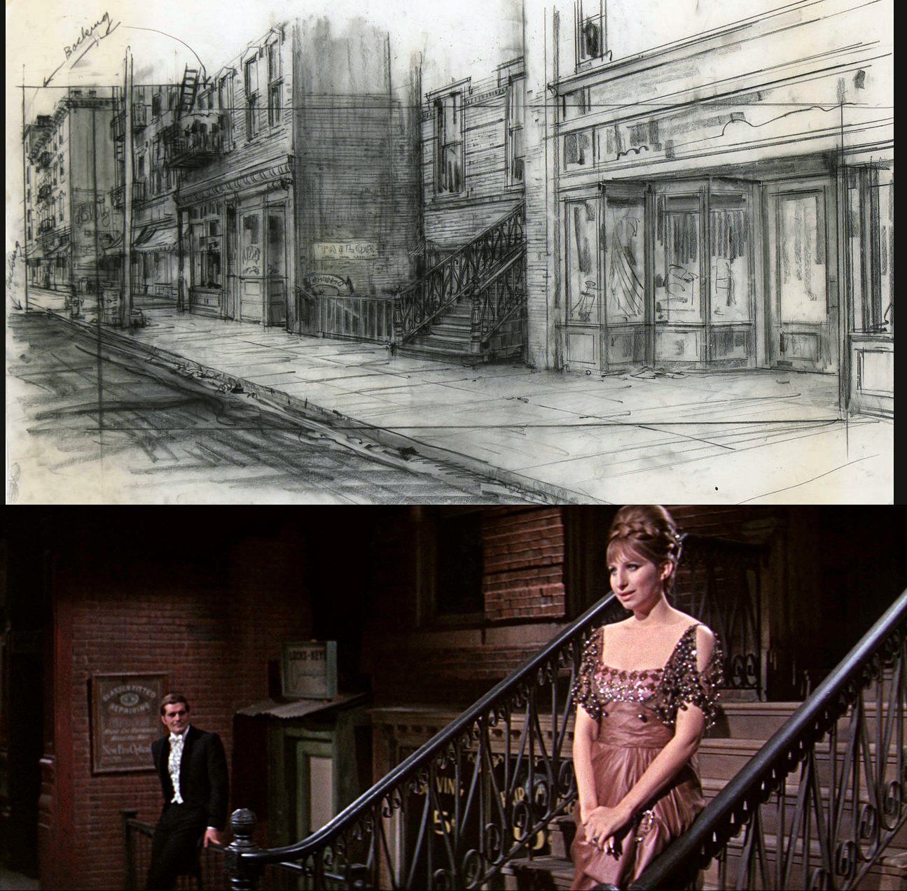 Set design illustration compared to final film.
