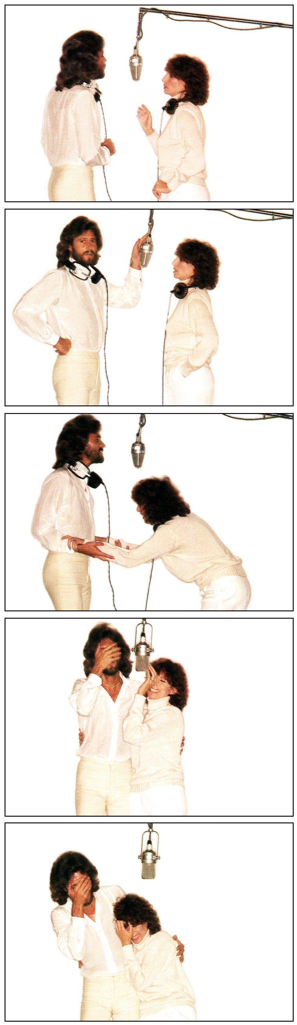 Barry Gibb at the microphone with Barbra Streisand.