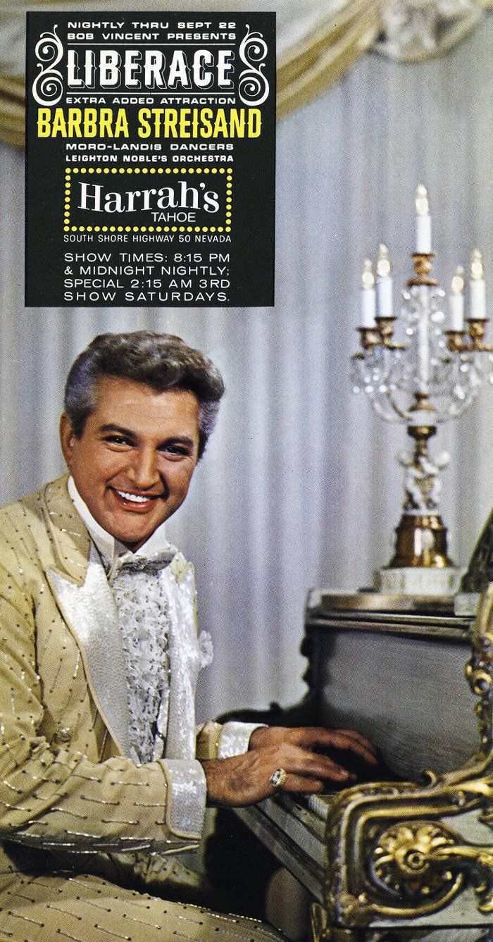 Postcard advertising Liberace and 'extra added attraction' Barbra Streisand