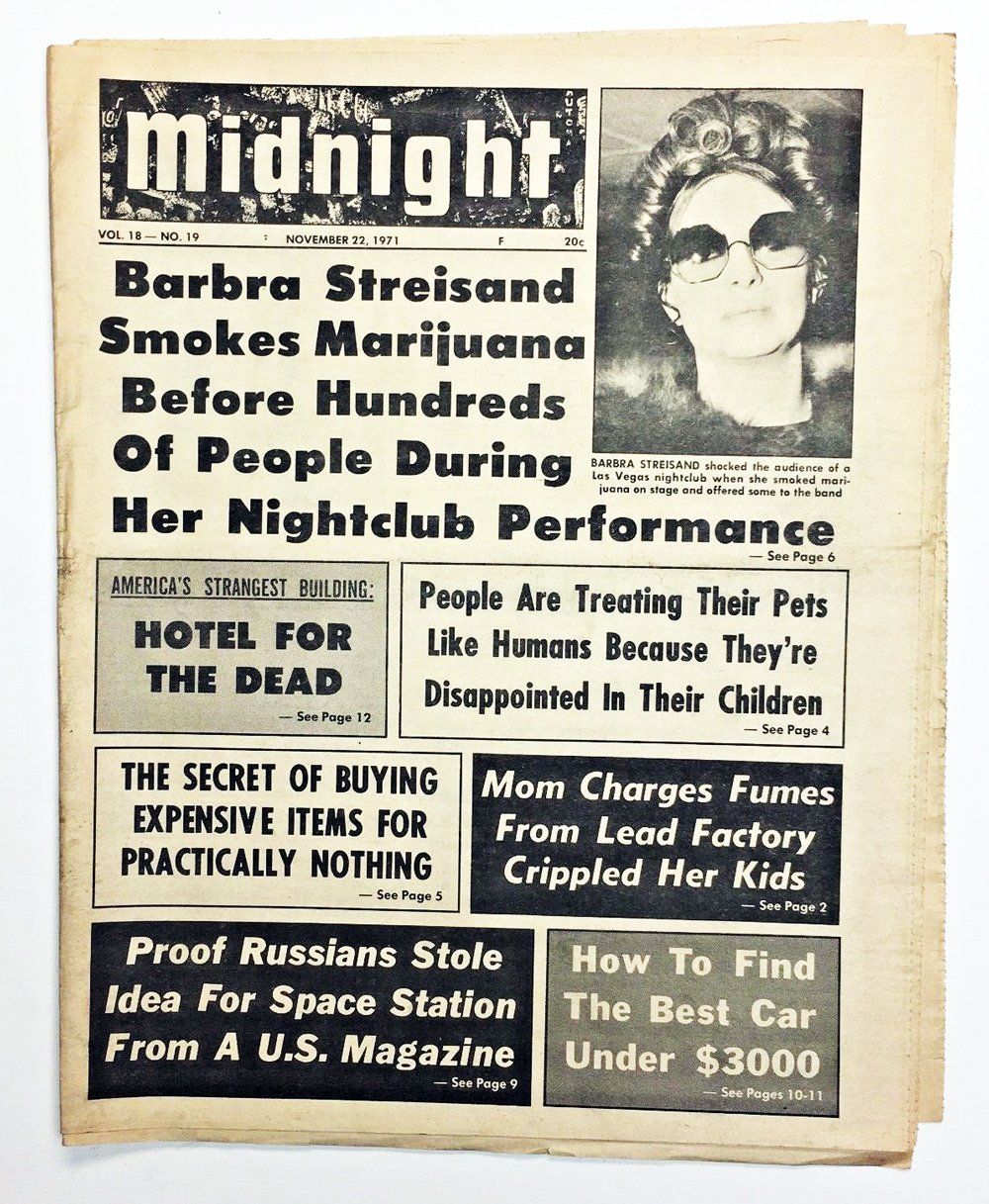 Tabloid with cover story about Streisand smoking marijuana.