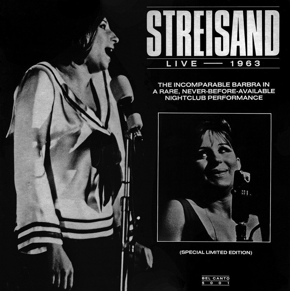 Barbra Streisand live 1983 album cover, black-and-white photo of her singing onstage with inset portrait and text.
