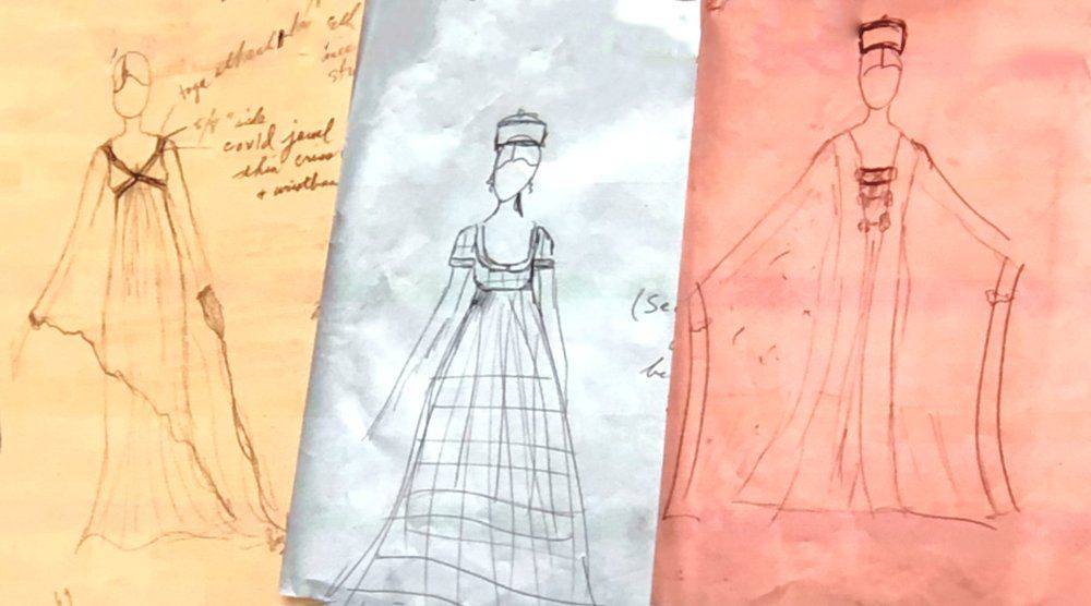 SKetches of Barbra's International Hotel gowns, all with pillbox hats.