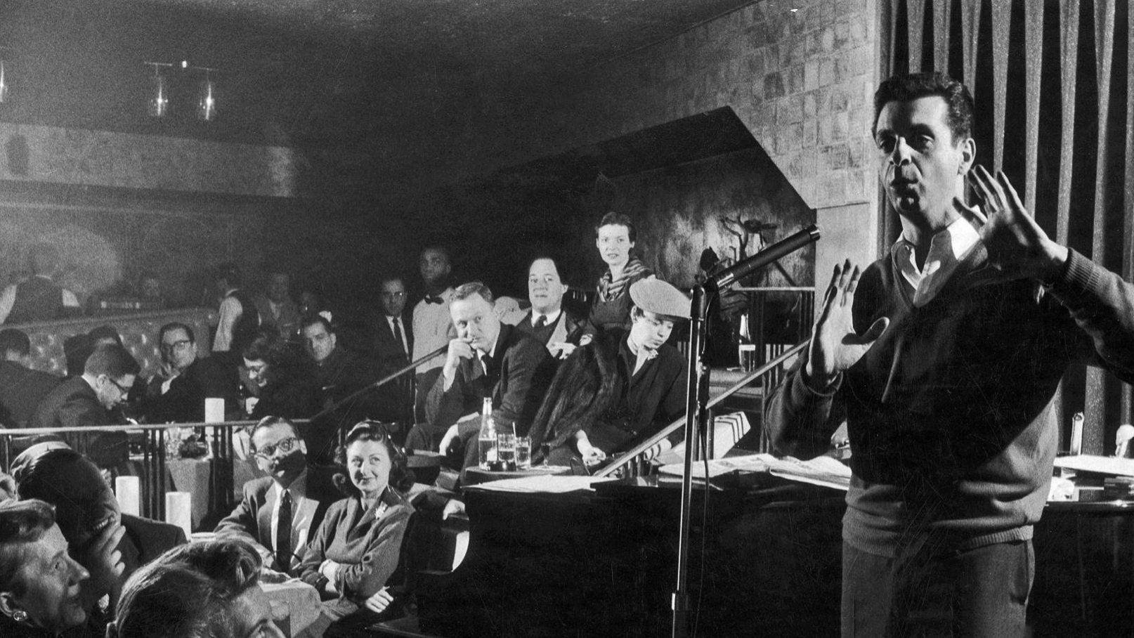 Comedian Mort Sahl on stage at Mr. Kelly's in the 1960s.