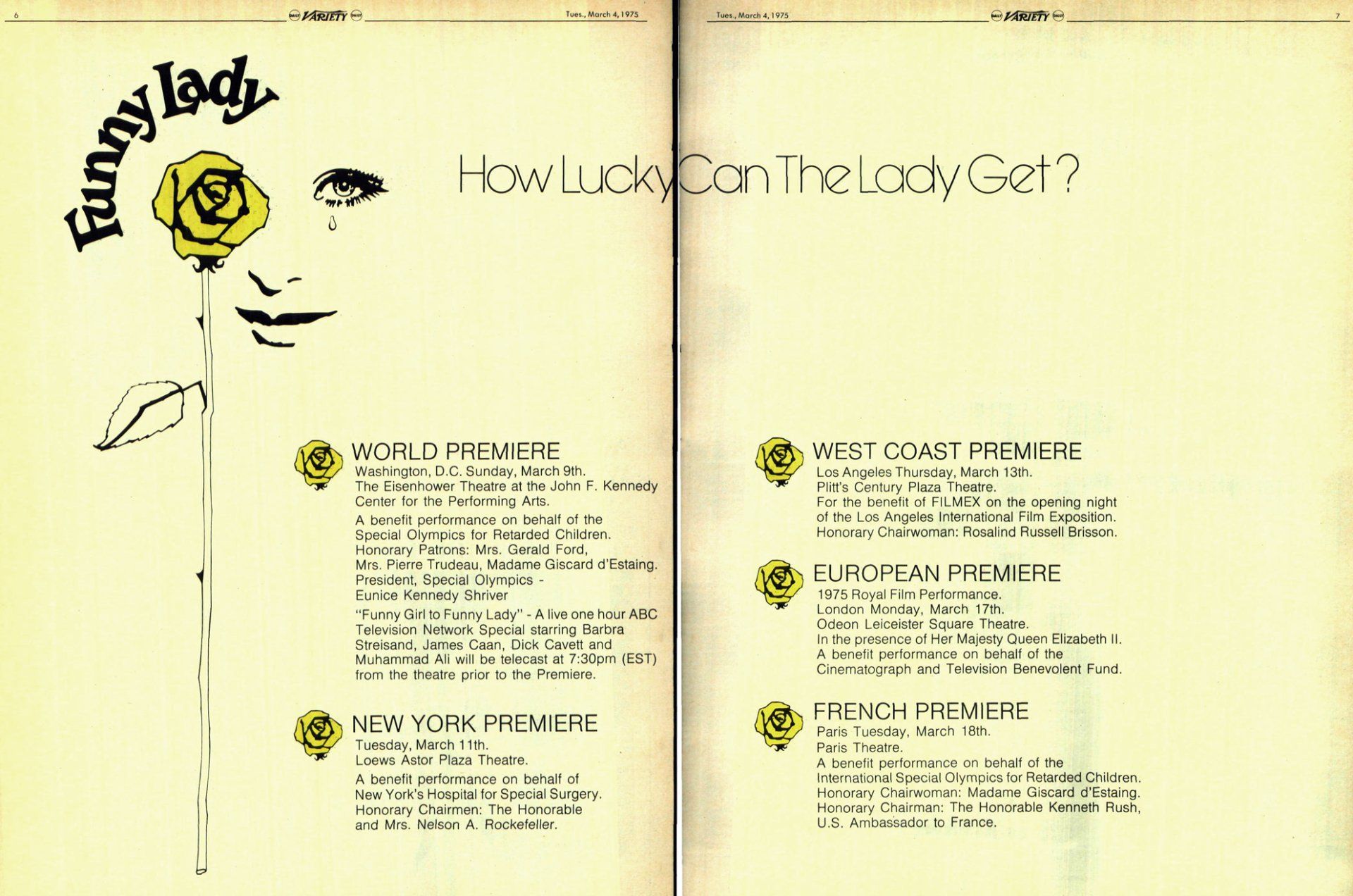 Industry ad that details all of Funny Lady's premieres around the world.
