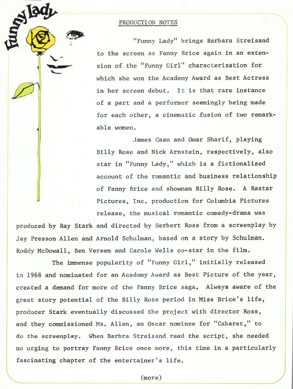 FUNNY LADY Production Notes, sent out by Columbia PIctures