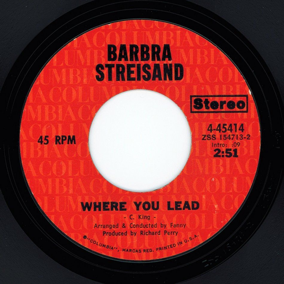 Barbra Streisand “Where You Lead” orange 45 RPM record label with black vinyl edge