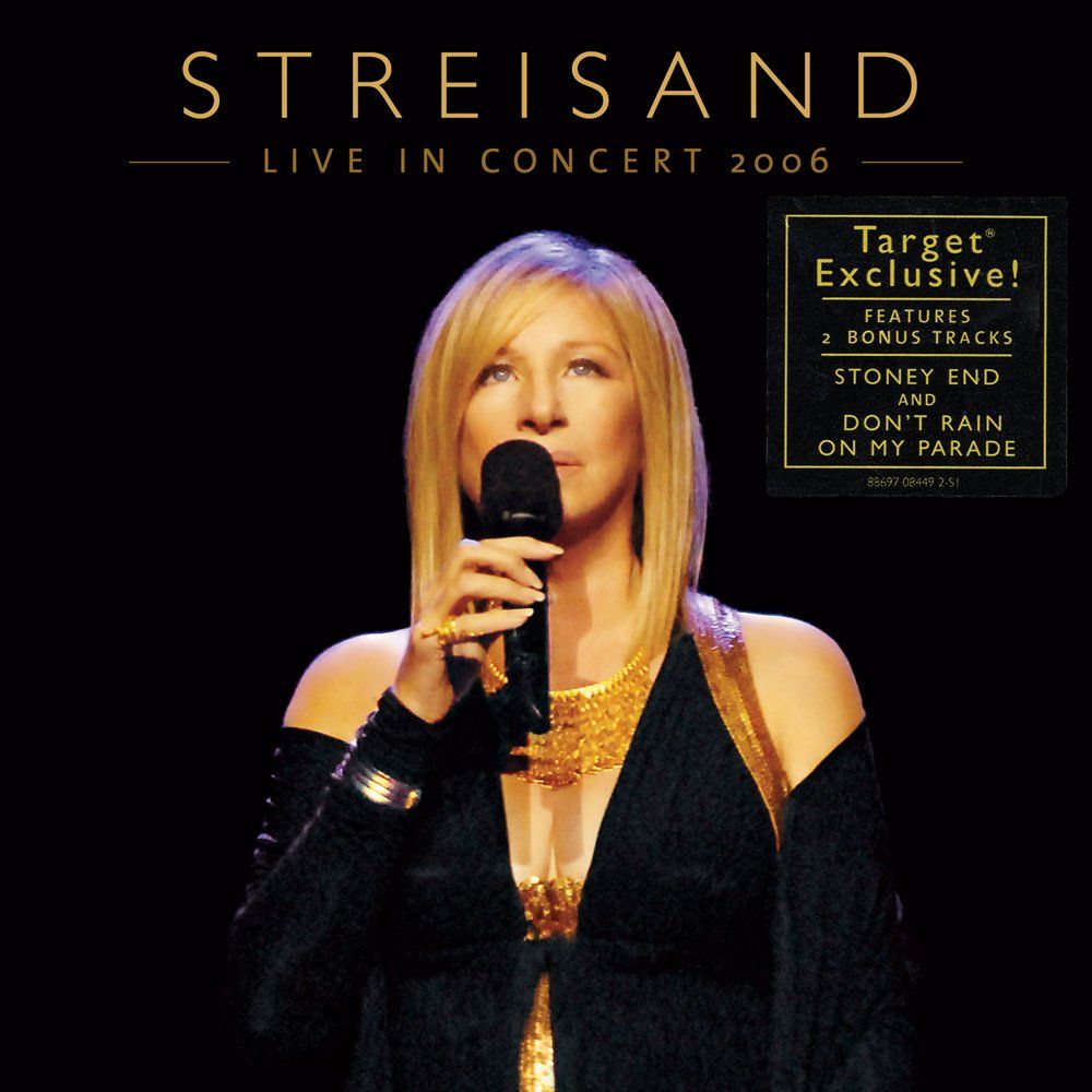 Barbra Streisand holding a microphone against a black background with gold text.