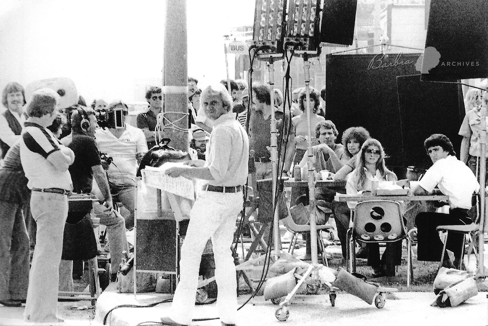 The Main Event cast and crew at Tail o' the Pup hot dog stand filming a scene.