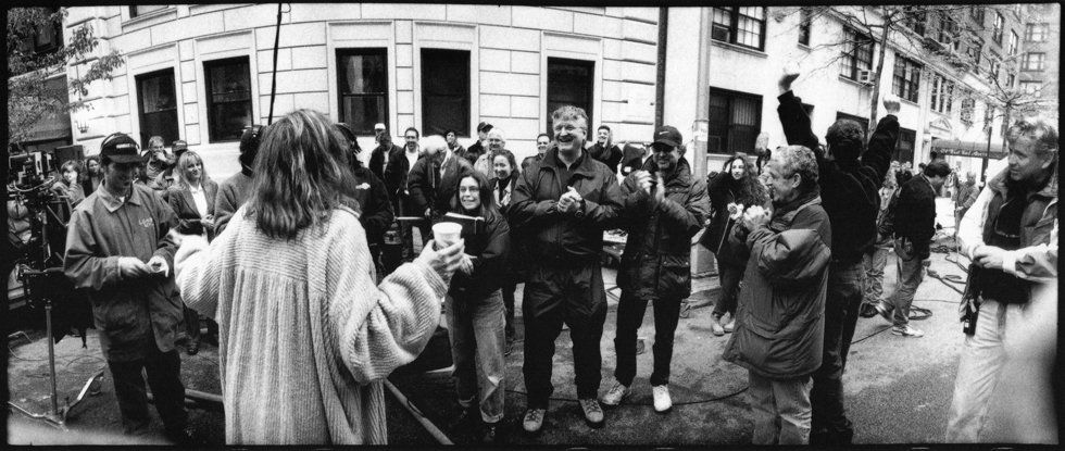 Streisand toasts the crew on location in New York City after the last take.  It's a wrap!