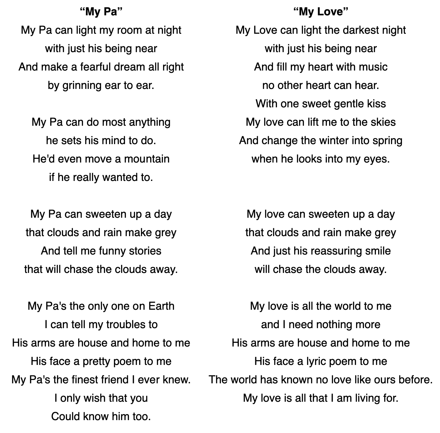 Comparison of lyrics to My Pa versus My Love Comparison of lyrics to My Pa versus My Love
