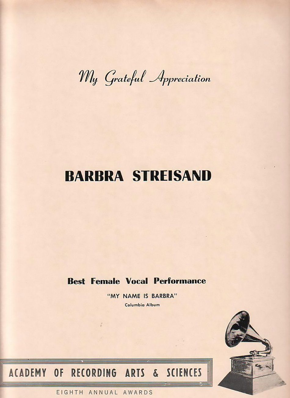 Industry ad of thanks for a Grammy, taken out by Barbra Streisand Industry ad of thanks for a Grammy, taken out by Barbra Streisand