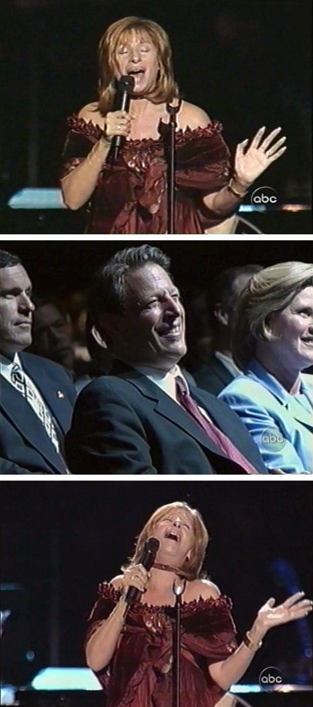 Streisand in burgundy dress singing for Al Gore, 2000.