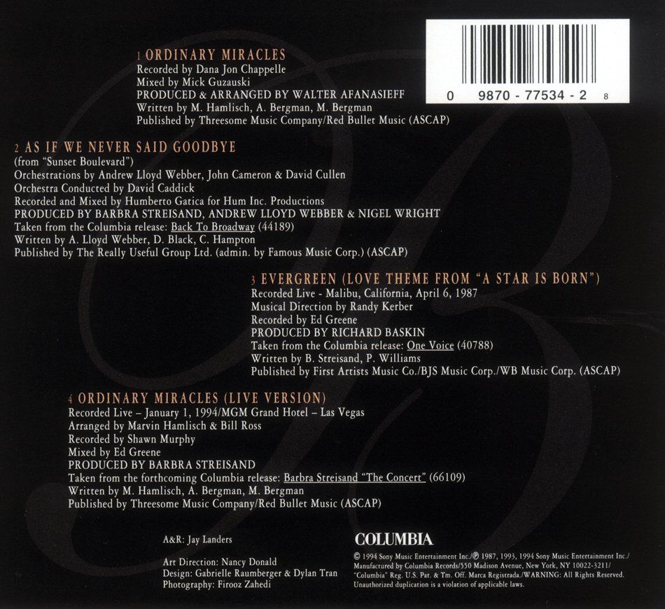 Back cover of Ordinary Miracles CD featuring credits for three songs.