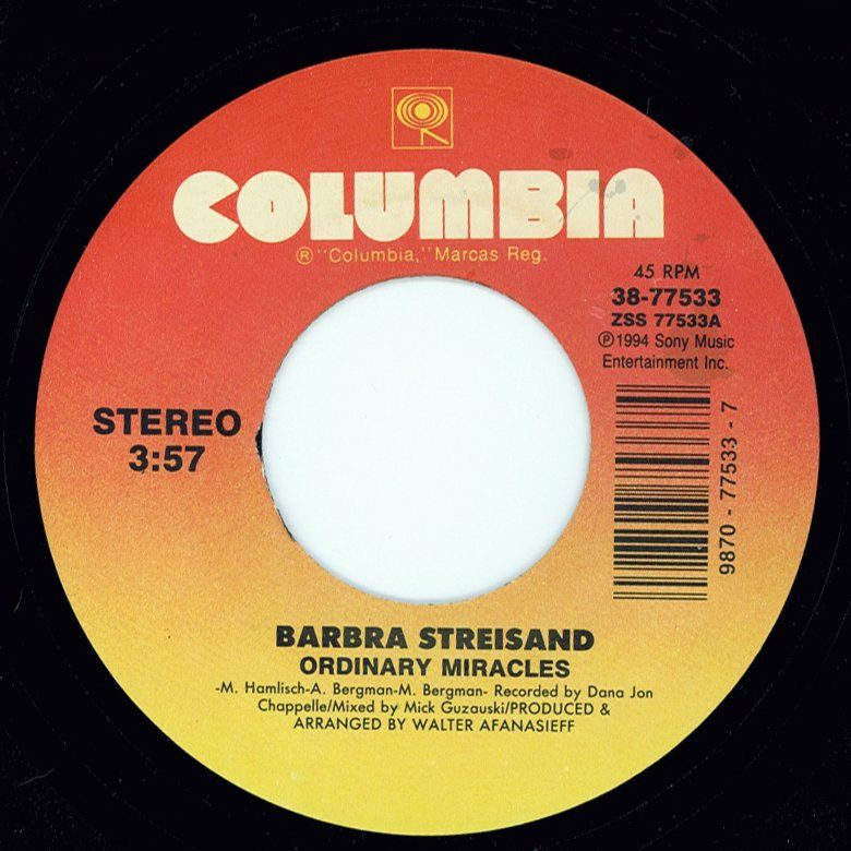 Columbia 45 RPM record label for Barbara Streisand’s “Ordinary Miracles” with orange-yellow gradient background