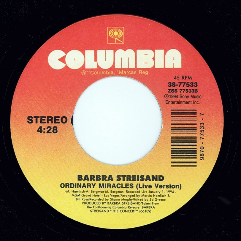 Barbra Streisand “Ordinary Miracles” Columbia vinyl record label, red and yellow