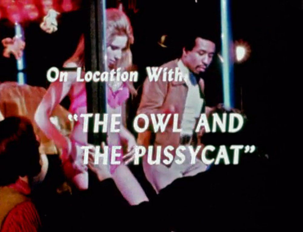 Screen grab of the documentary title: On Location with 'The Owl and the Pussycat'