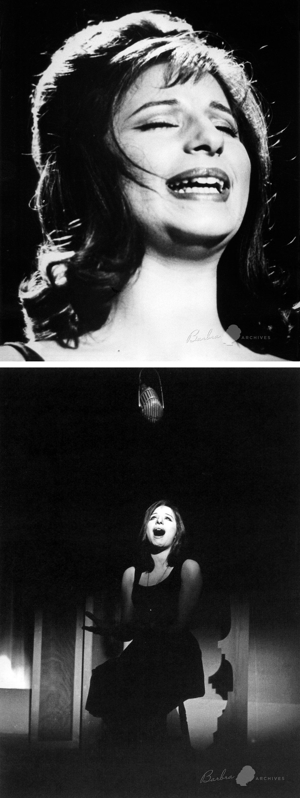 Two photos of Streisand singing on the PM East television show, 1961.