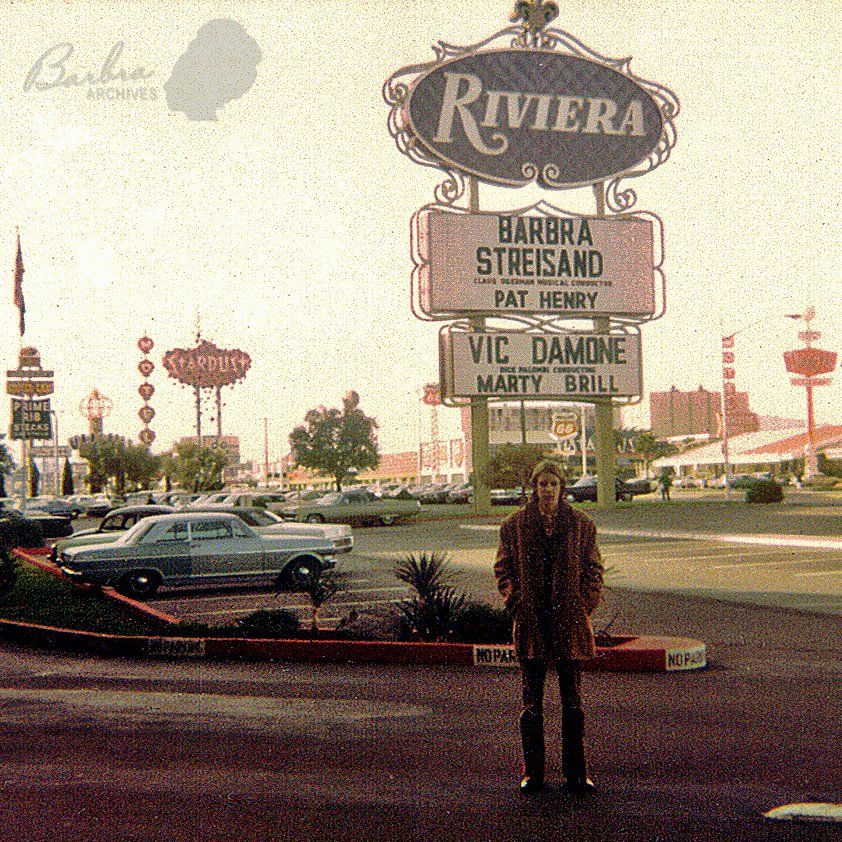 rare photo of Barbra Streisand on the Riviera Hotel's marquee, 1970
