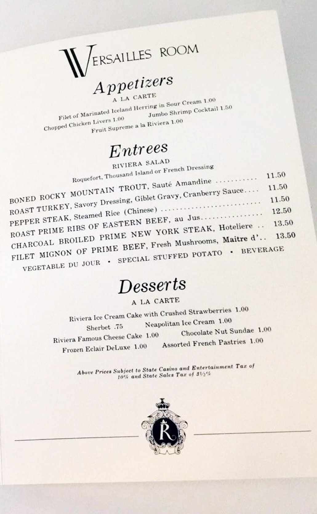 Riviera Hotel dinner menu