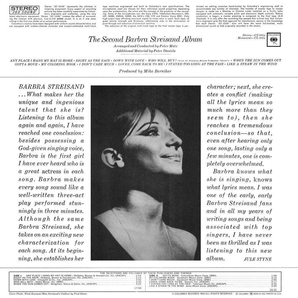 Black-and-white back cover of Second Barbra Streisand Album with her profile photograph.