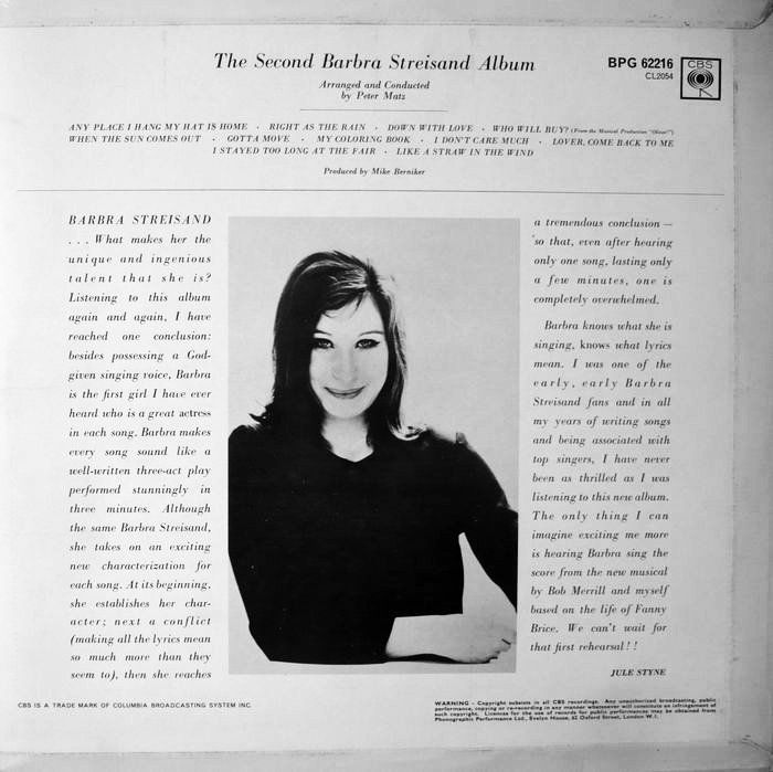 Black-and-white back cover of Second Barbra Streisand Album with her profile photograph.