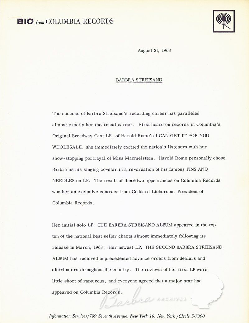 Columbia Record's biography of Barbra Streisand.