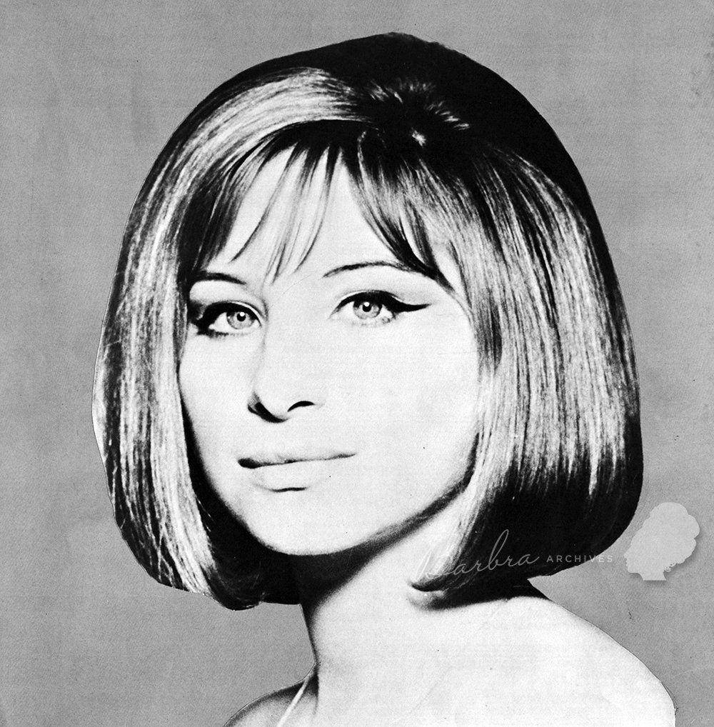 Black-and-white portrait of Barbra with a bob haircut and winged eyeliner, looking slightly to the side