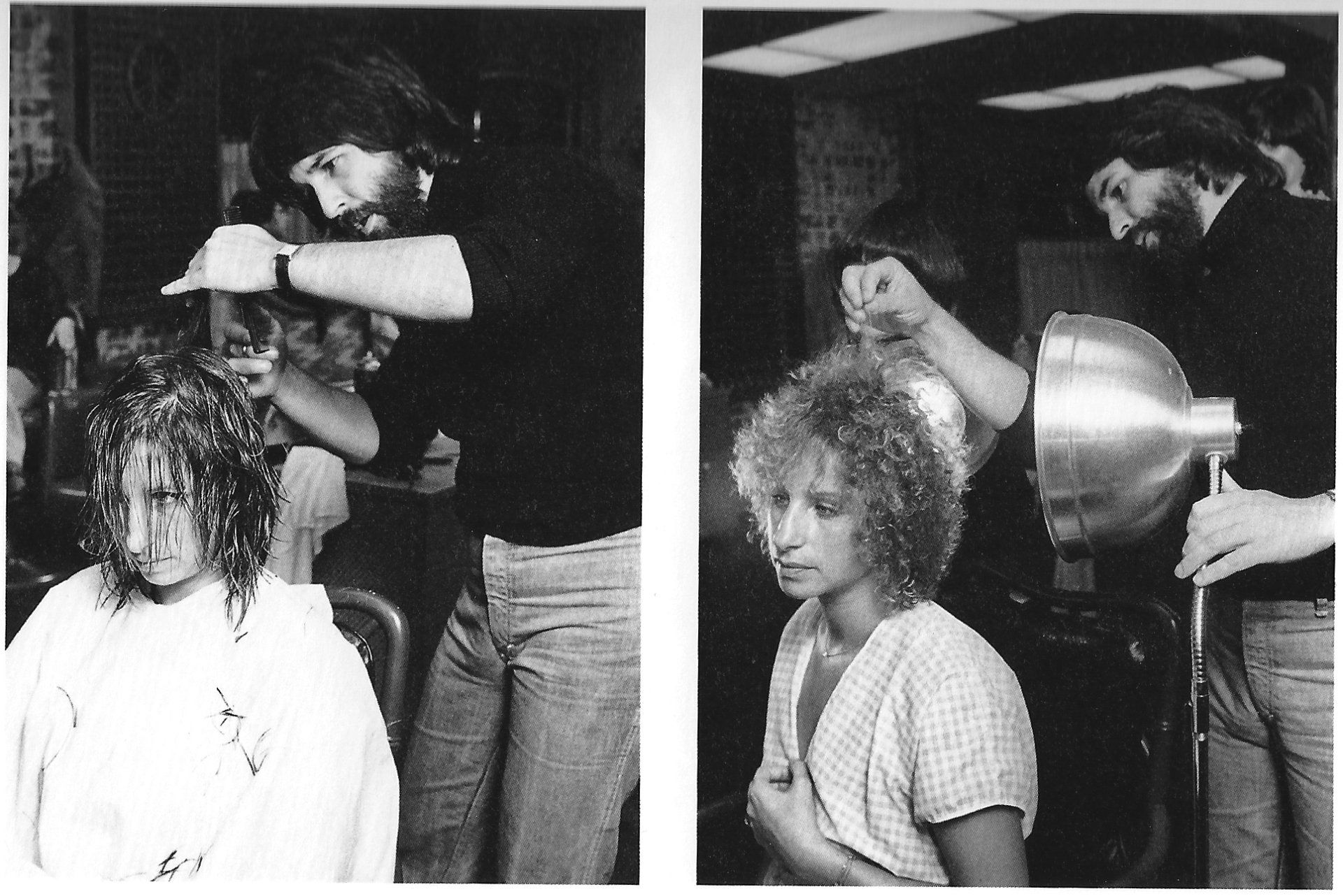 Jon Peters styling Barbra Streisand's perm.