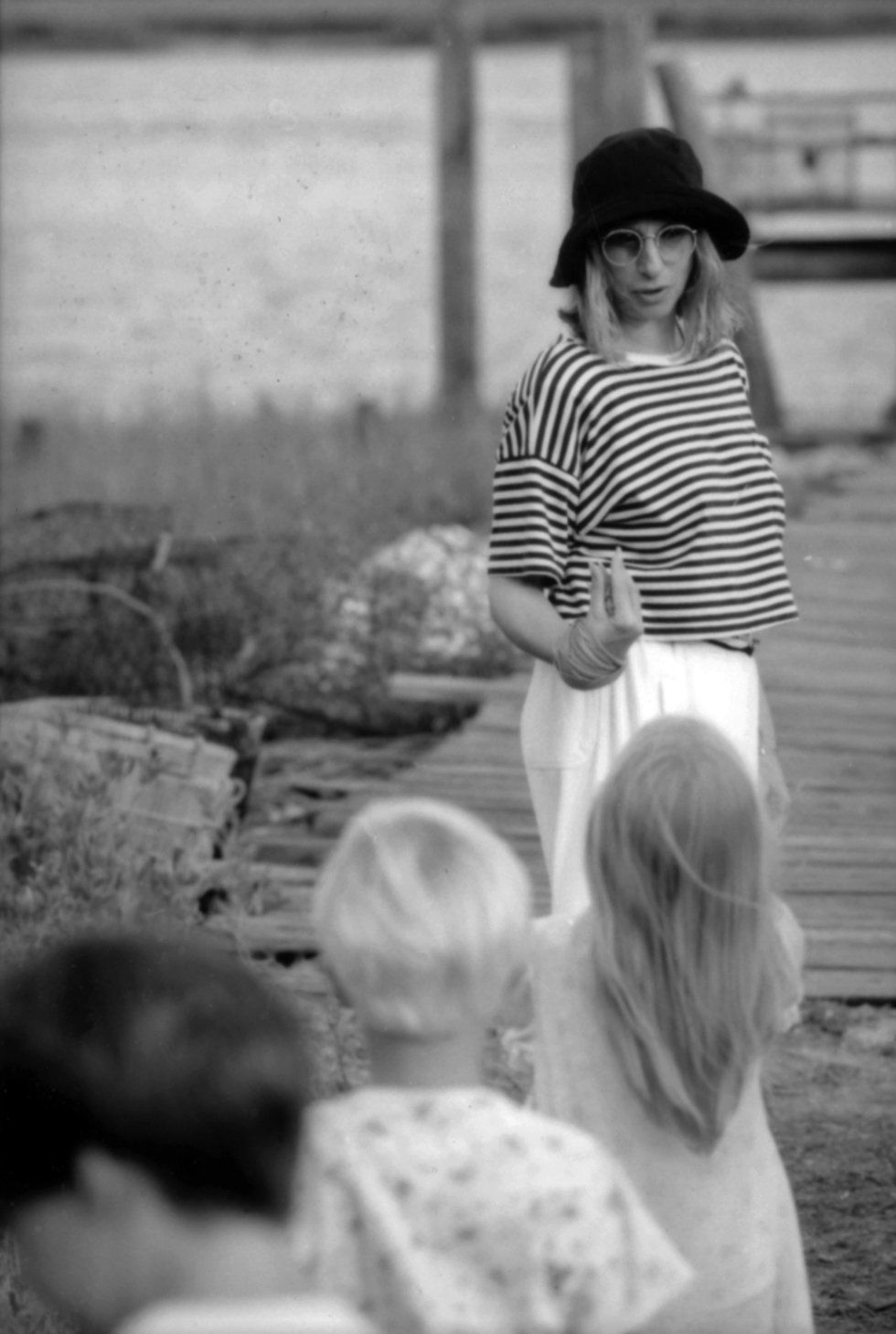 Streisand and the children filming the scene in which they jump into the water.