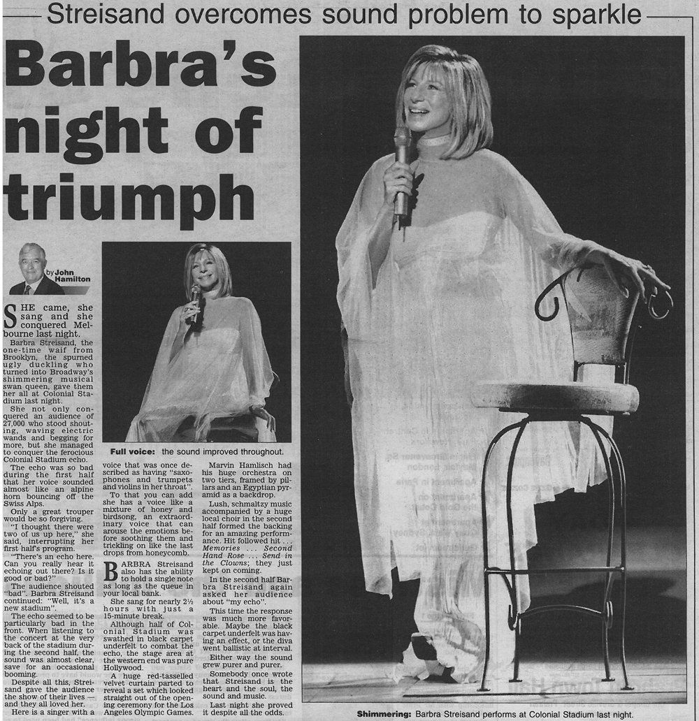 Streisand overcomes sound problem to sparkle.