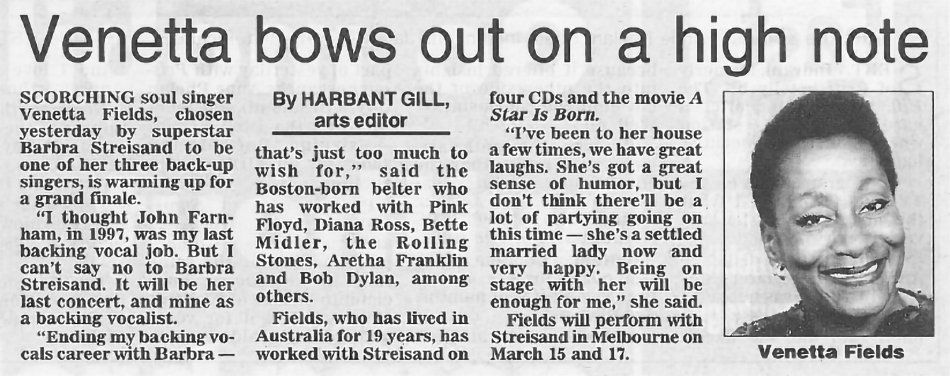 Interview with Venetta Fields in Aussie newspaper.