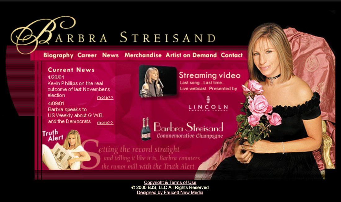 Barbra Streisand's website circa 2000 with a link to streaming video of Barbra singing 