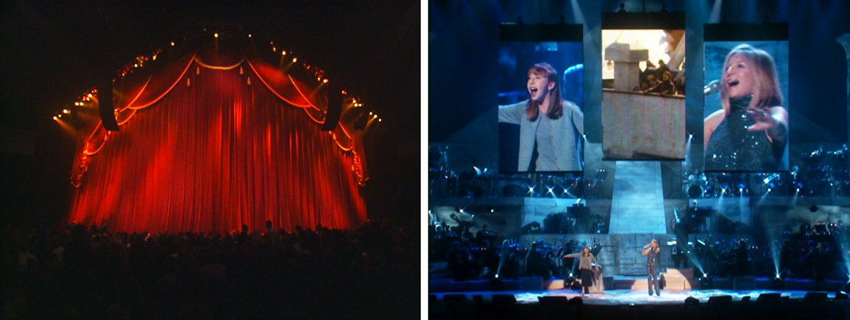 Photo of the large red curtain and of the three L.E.D. video screens.