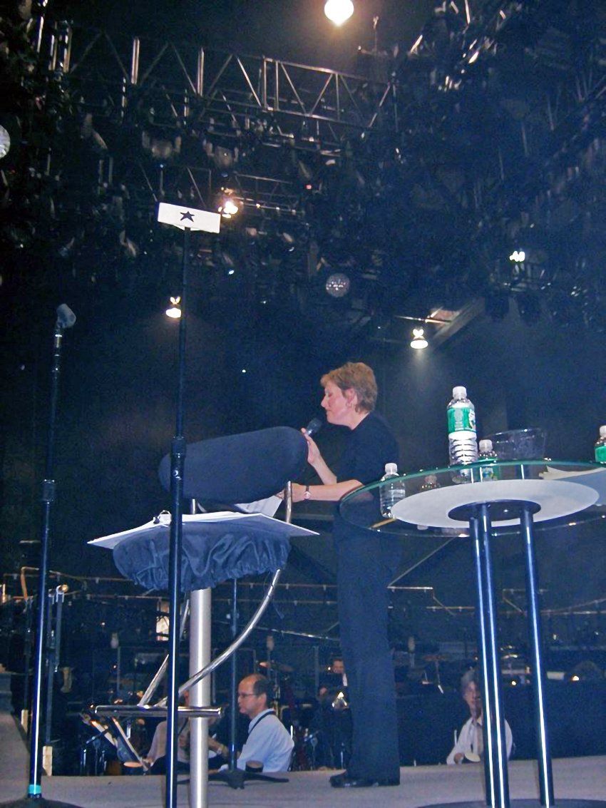 Liz Callaway on stage, standing in for Barbra Streisand during rehearsal.