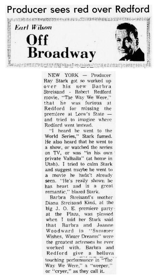 Showbiz column about Redford not attending New York premiere