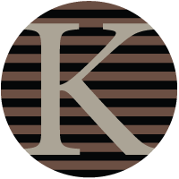 Circular logo with a white K on brown-and-black horizontal stripes