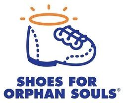 Logo for Shoes for Orphan Souls: blue outlined baby shoe with orange halo above; text 