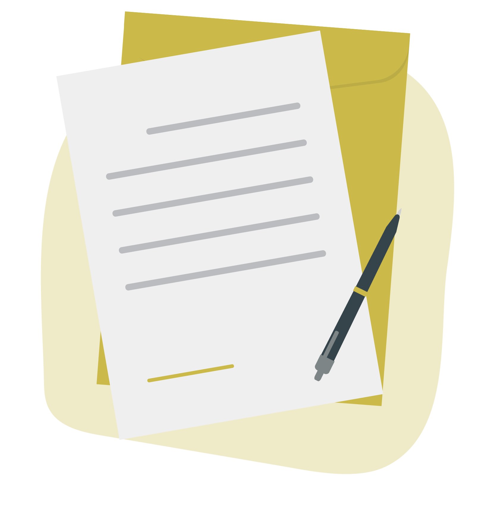 A pen is sitting on top of a piece of paper next to an envelope.
