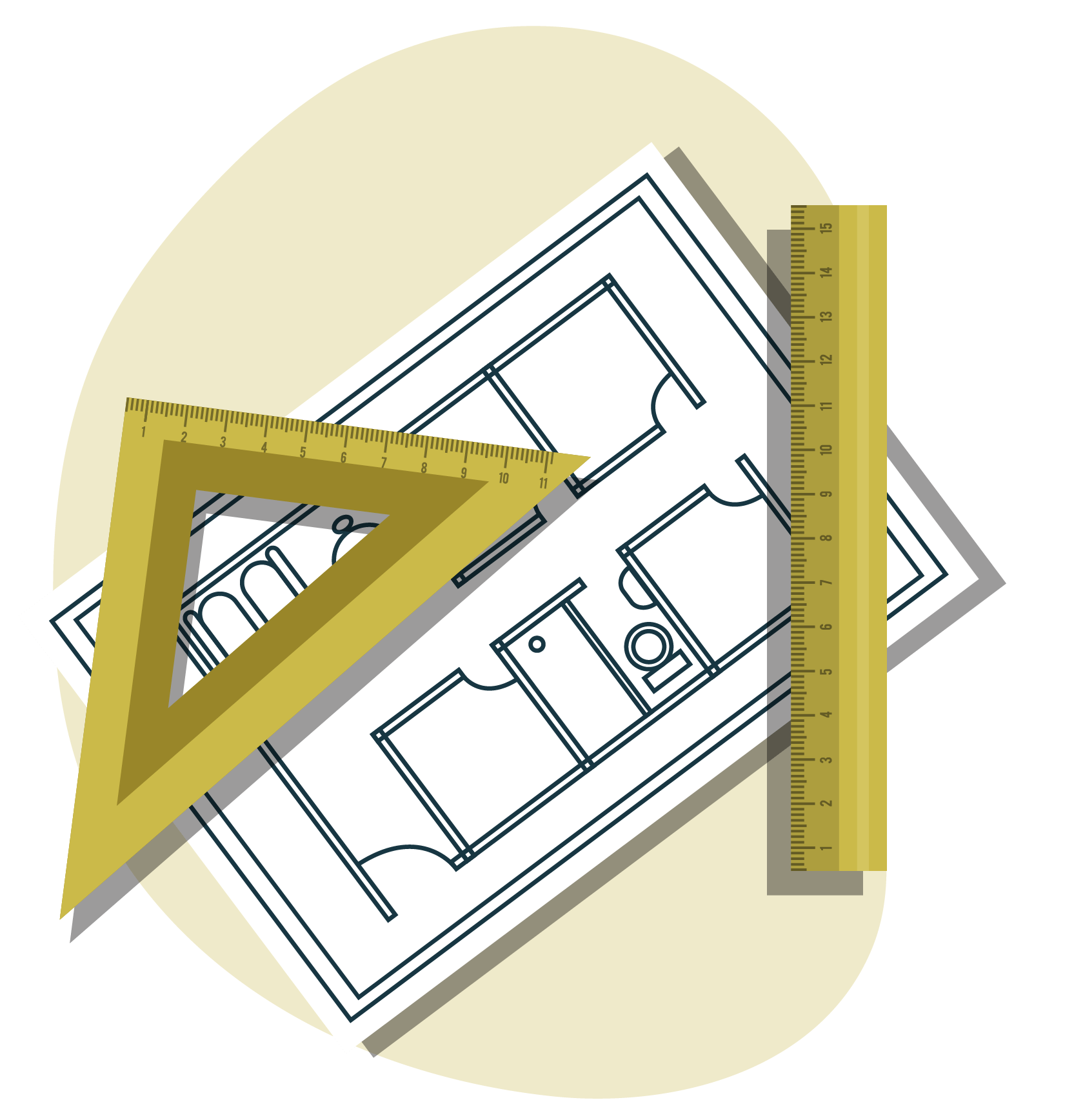 A drawing of a house with a ruler and a triangle