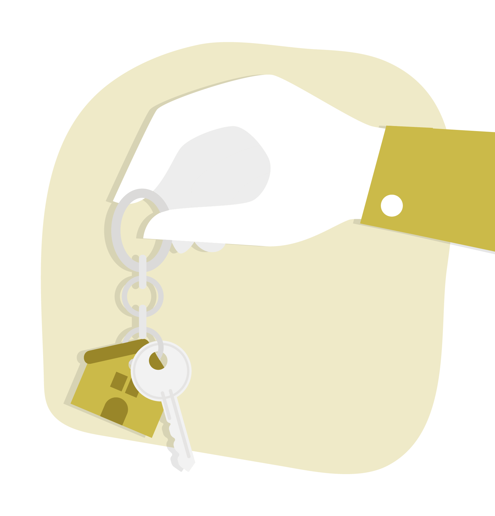A hand is holding a keychain with a house on it.