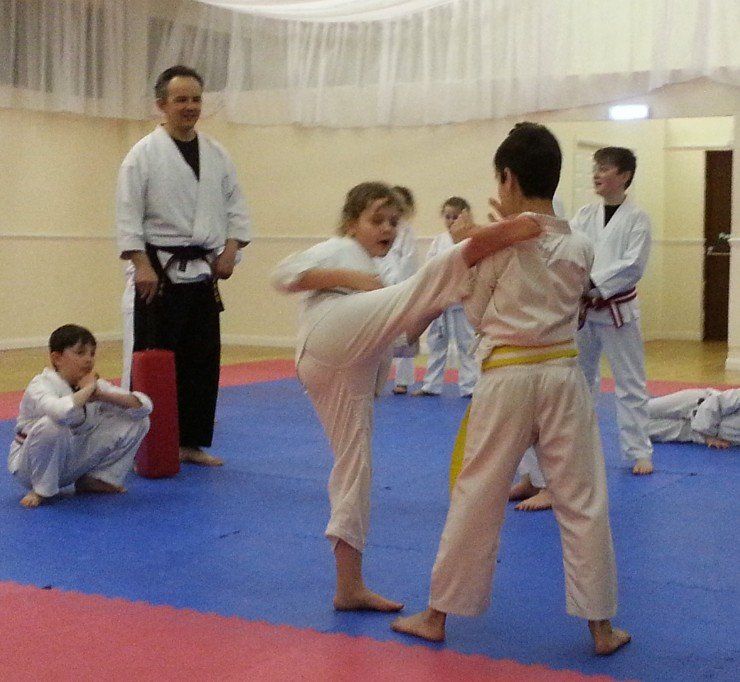 A group of kids are practicing martial arts in a gym