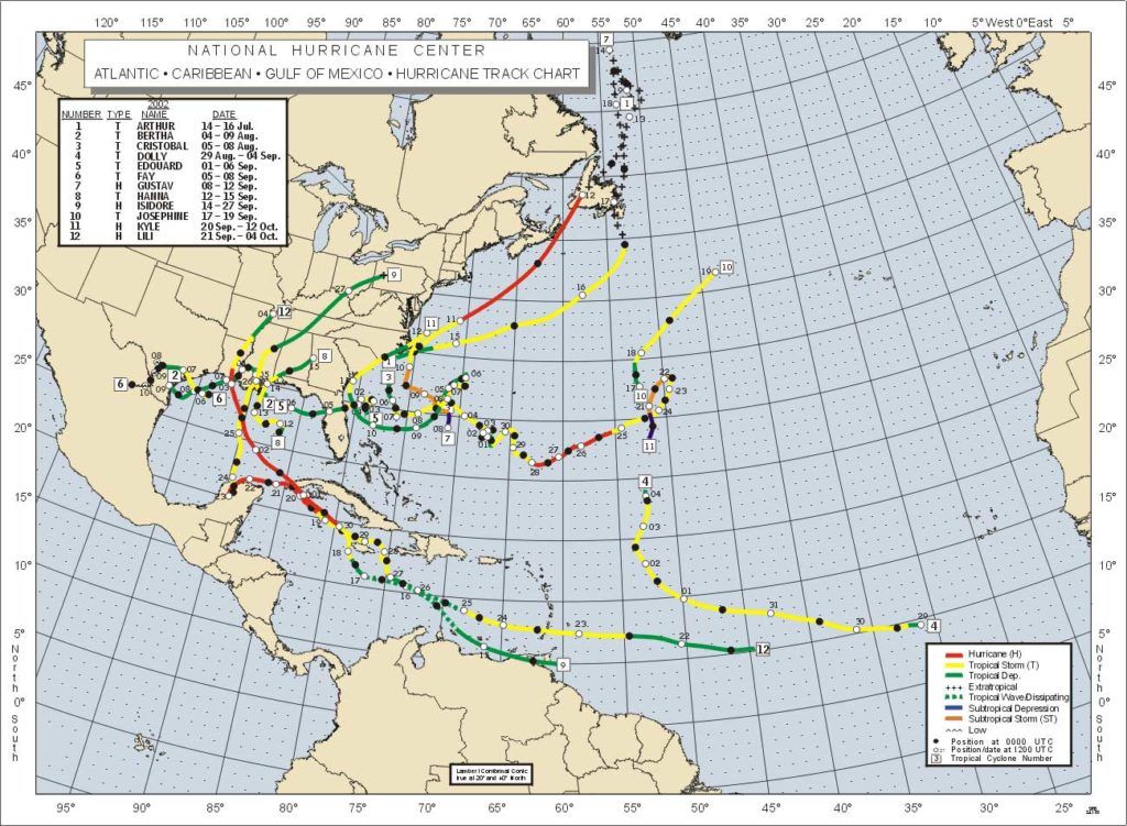 A map showing the path of a hurricane in the united states