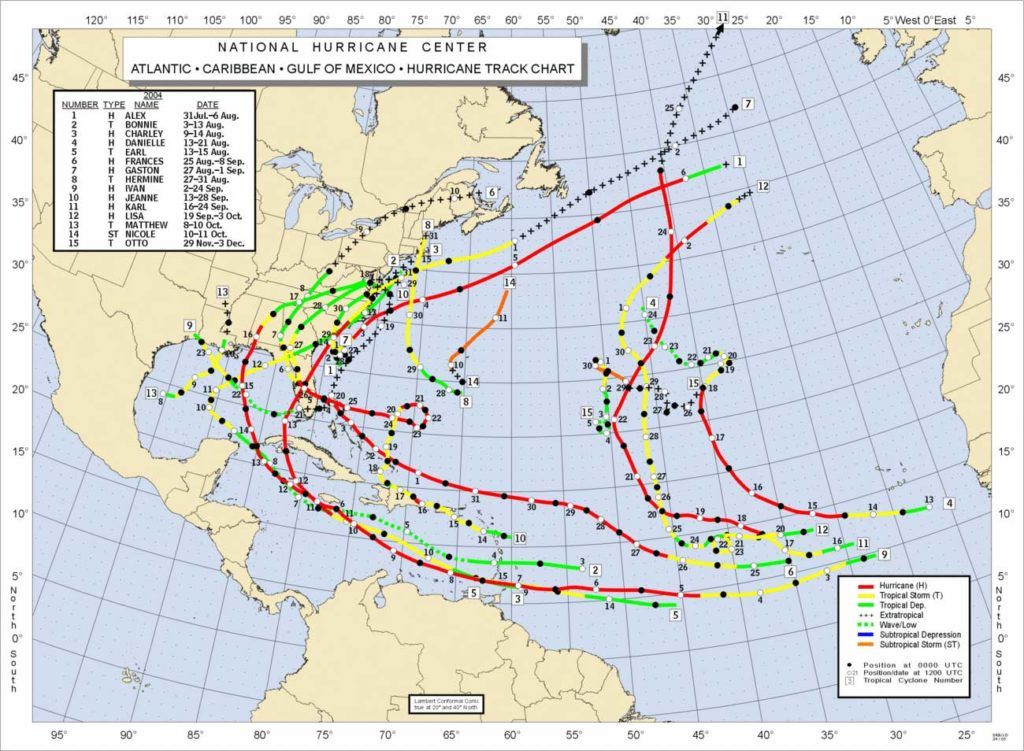 A map of the united states showing the tracks of hurricanes
