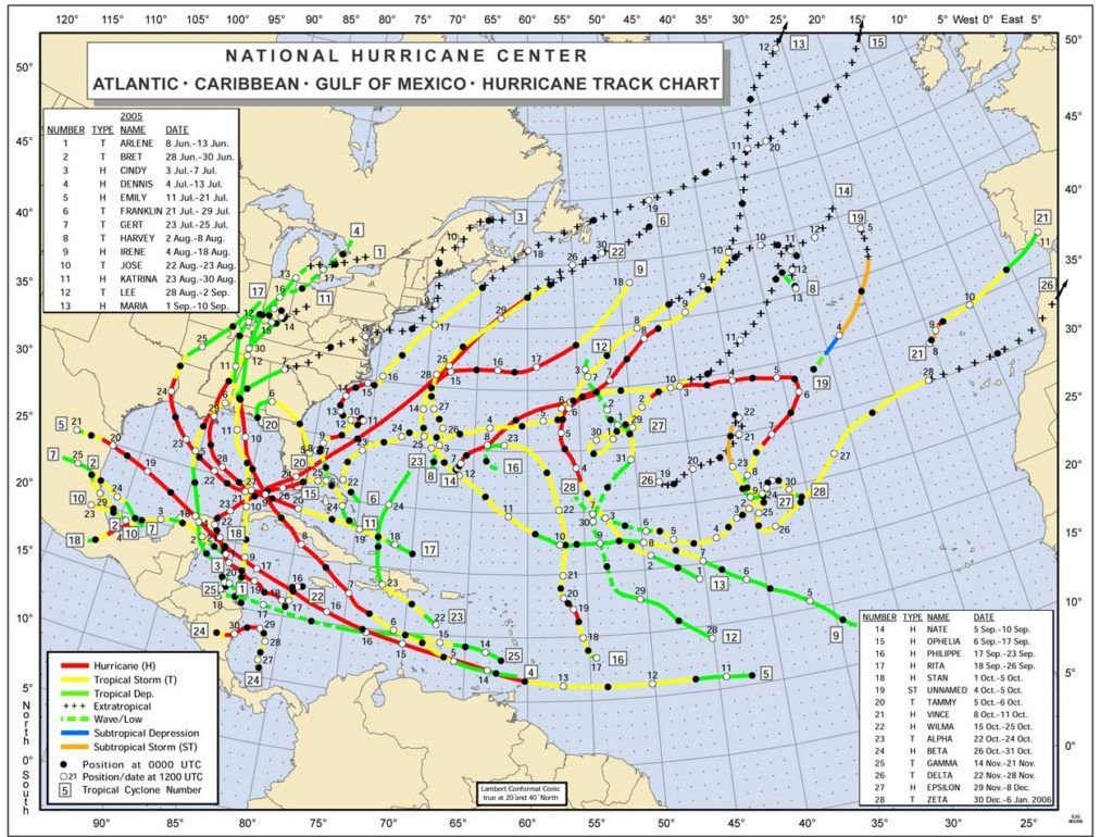 A national hurricane center map of the atlantic ocean