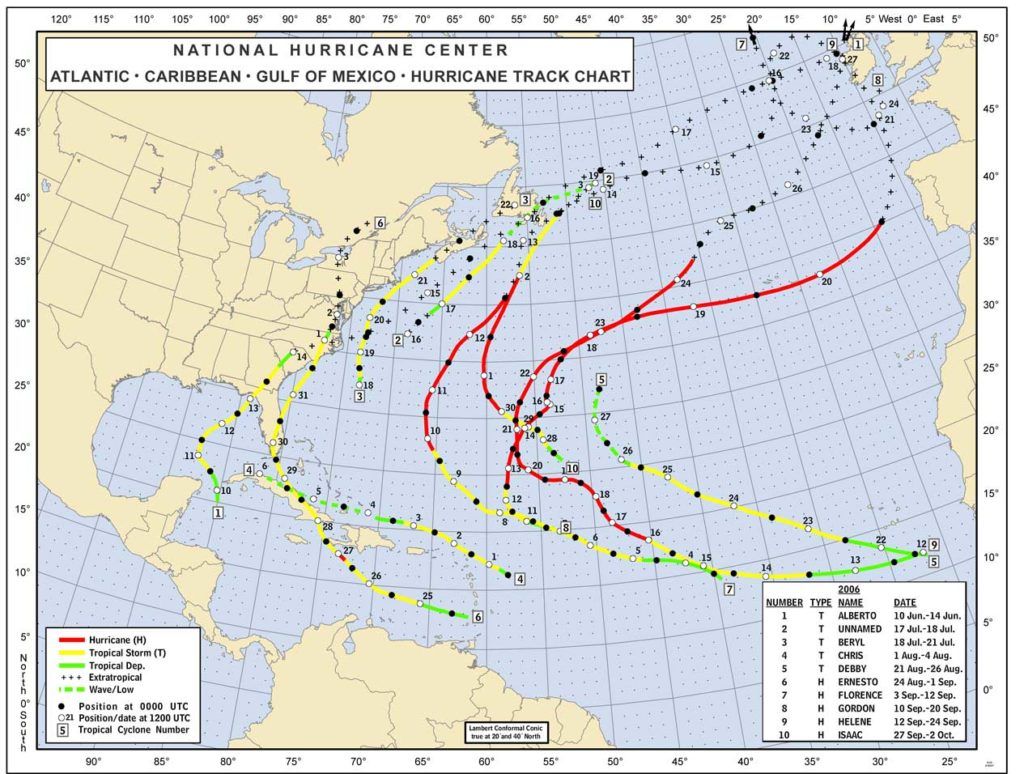A map showing the path of a hurricane is from the national hurricane center