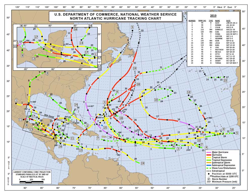 A map of the u.s. department of commerce national hurricane tracking chart