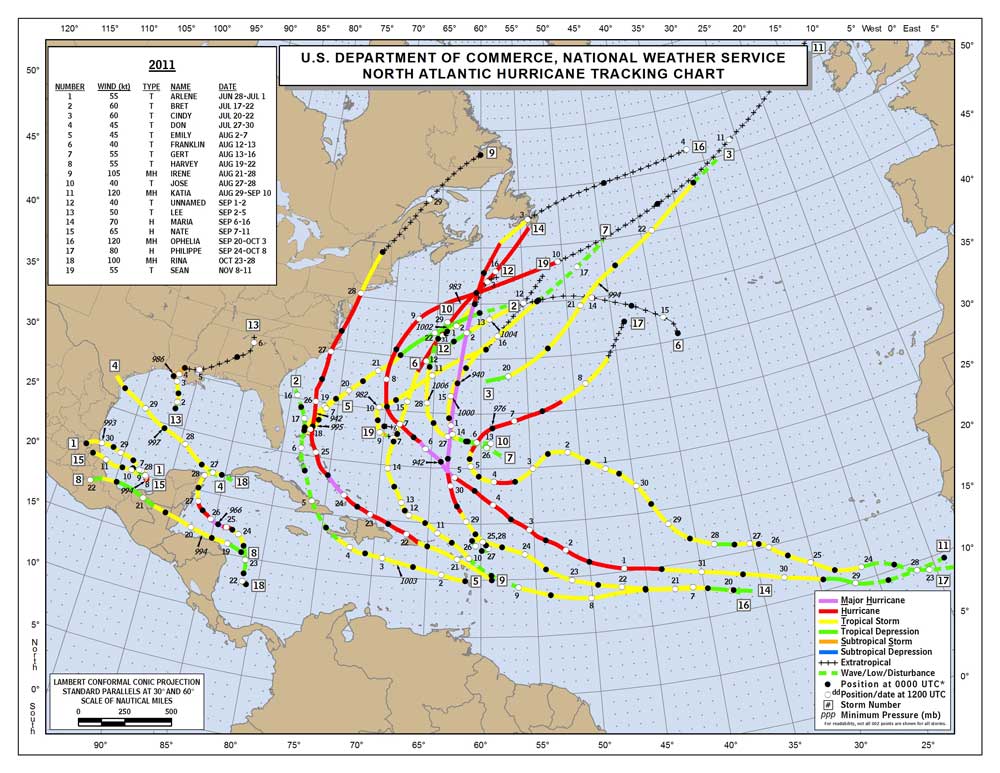 A map of hurricane tracks in the united states