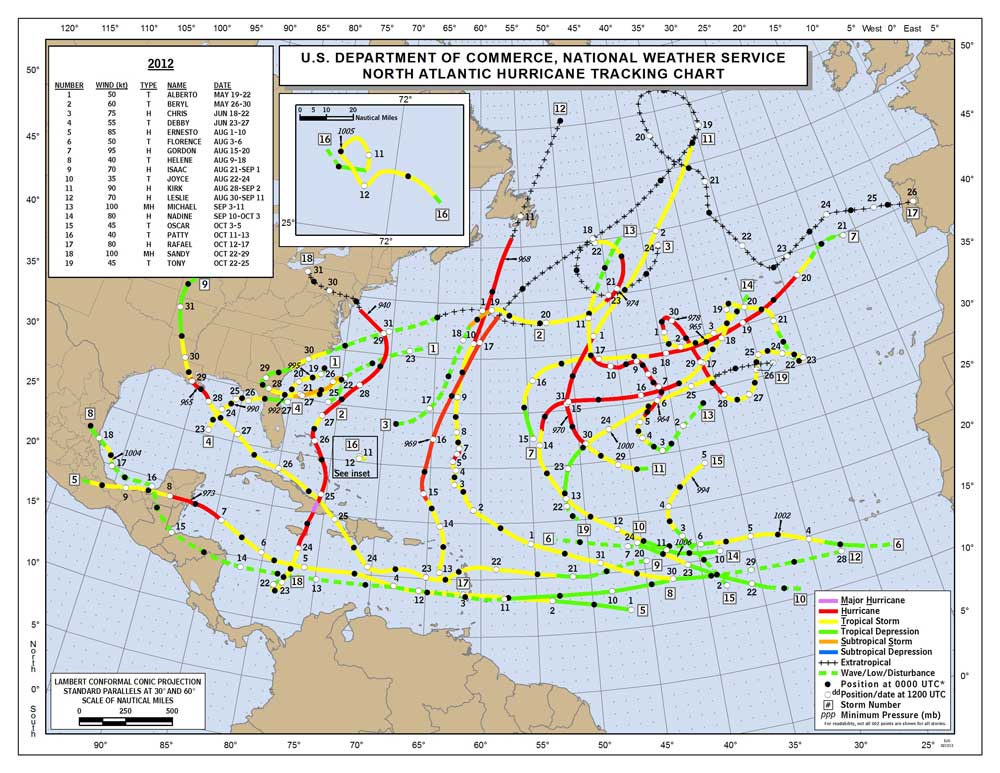 A map of the united states shows the tracks of hurricanes