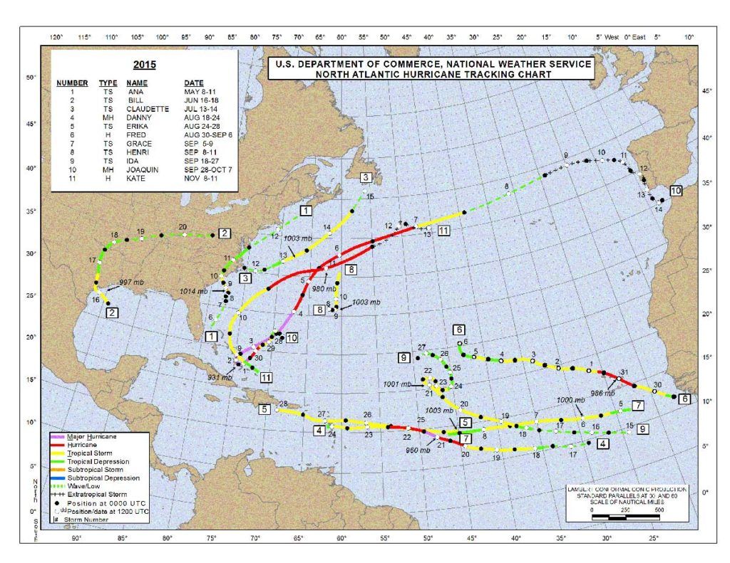 A map of the united states shows the tracks of hurricanes