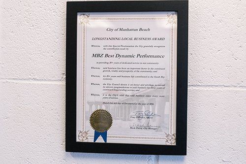 Framed certificate from Mendota Beach, acknowledging HRF New Dynamic Performance.